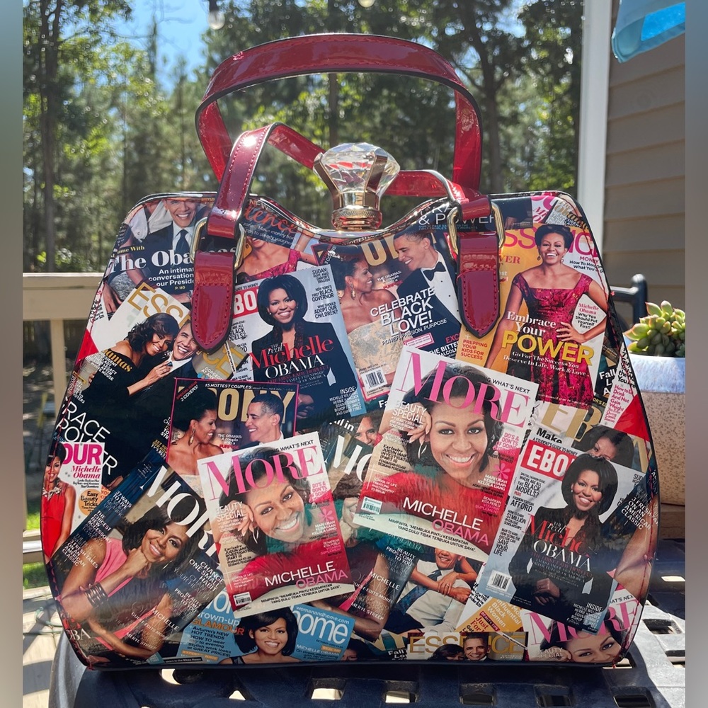 Red bag with magazine images, First Lady Michelle Obama, President Barack Obama